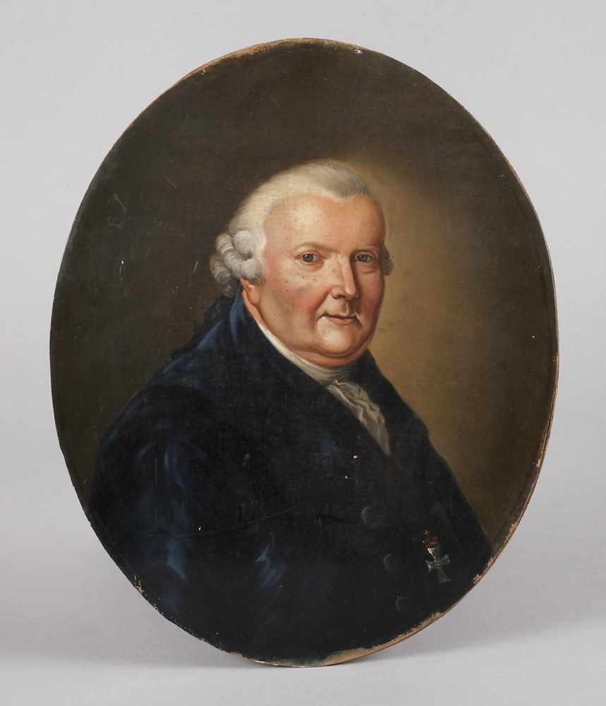 HerrenportraitBildnis eines älteren Mannes mit dunkelblauer Samtjacke und Orden Malteserkreuz mit