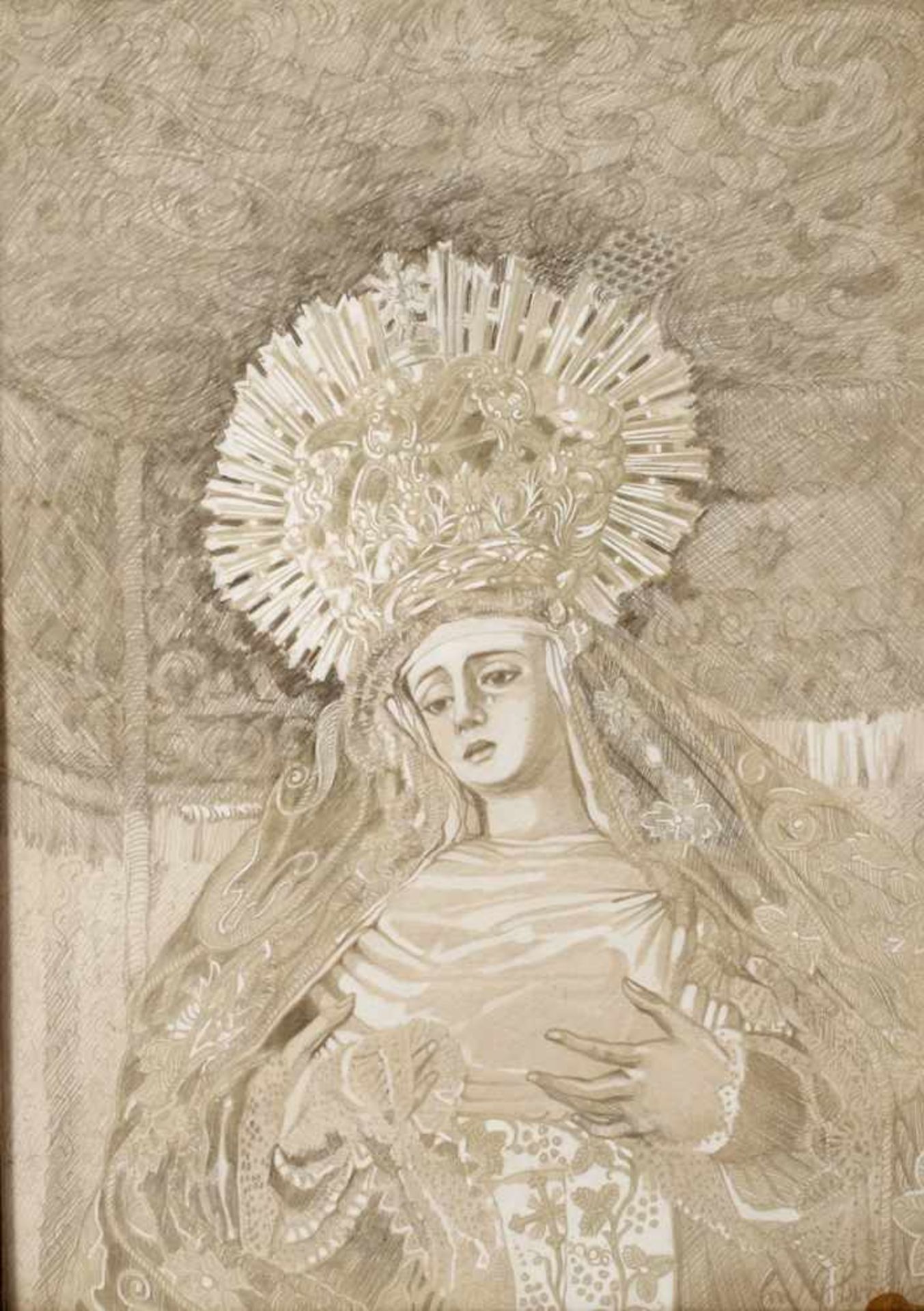 Erich Brude, Madonnenbildnisdie Mutter Gottes mit Strahlenkranz und Krone, Silberstift, partiell
