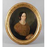 Damenportrait um 1850biedermeierliches Brustbildnis einer jungen brünetten Frau mit gescheiteltem