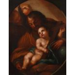 Josef von Nazaret mit dem Jesuskindvon Engeln beobachtete, anrührende Szene mit Darstellung des