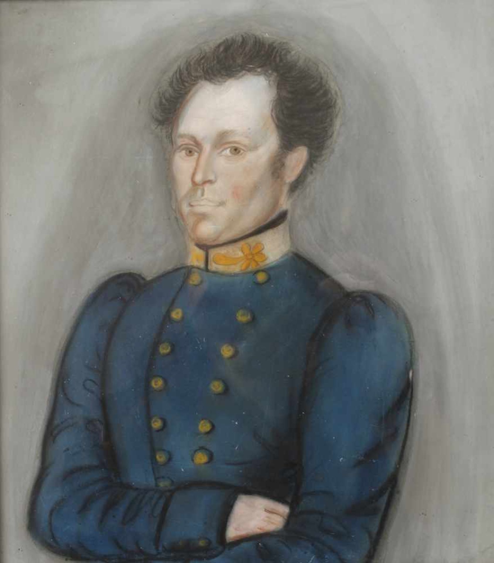 BiedermeierportraitBrustbildnis eines jungen Mannes in Uniform vor grauem Grund, Pastell, um 1830,