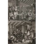 William Hogarth, Paar Radierungenhäuslich chaotische Szene und Arbeiterinnen, ihre Aufseher