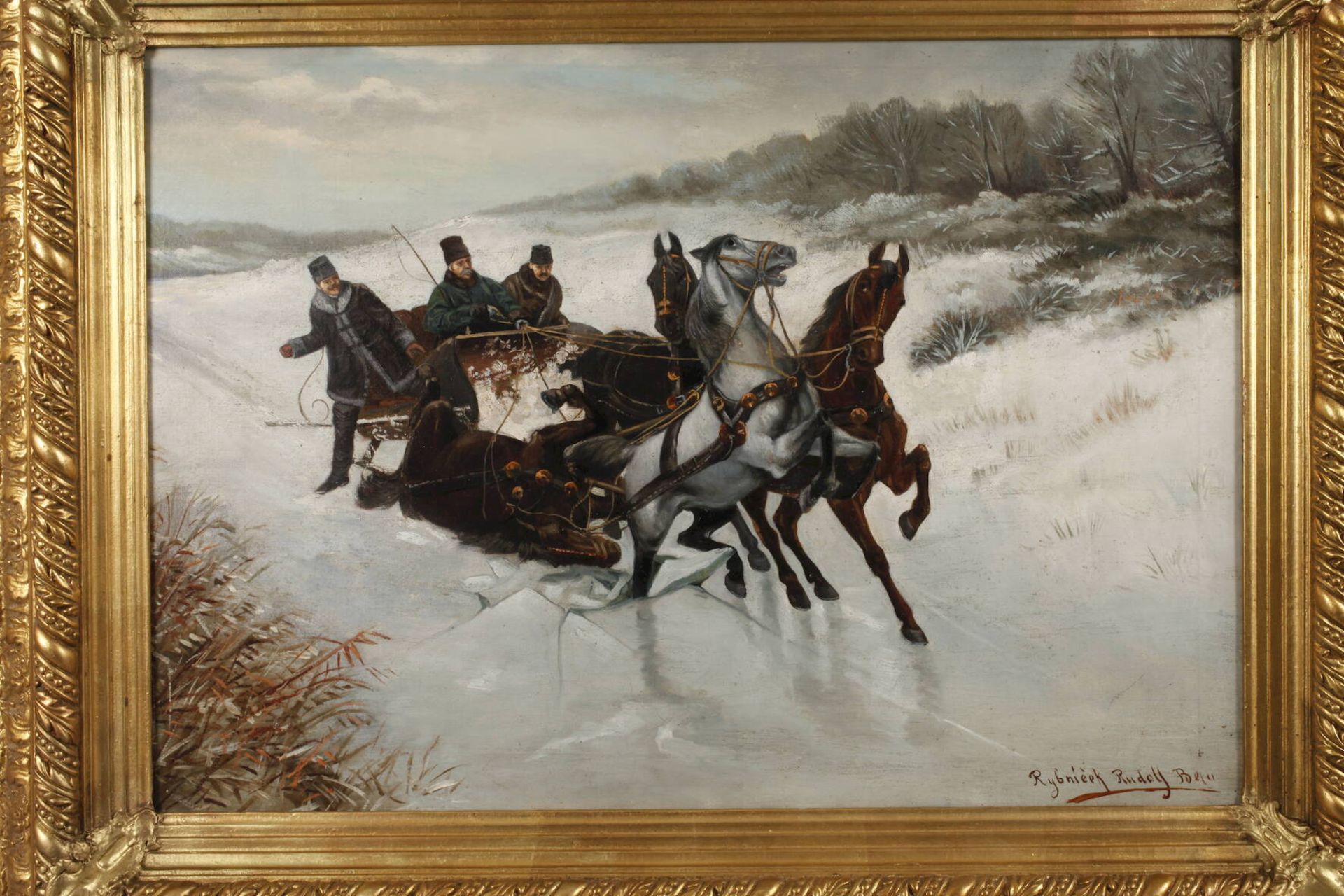 Rudolf Rybniček, Der Unfallim Eis einbrechende Troika in winterlicher Landschaft, teils leicht - Bild 2 aus 6