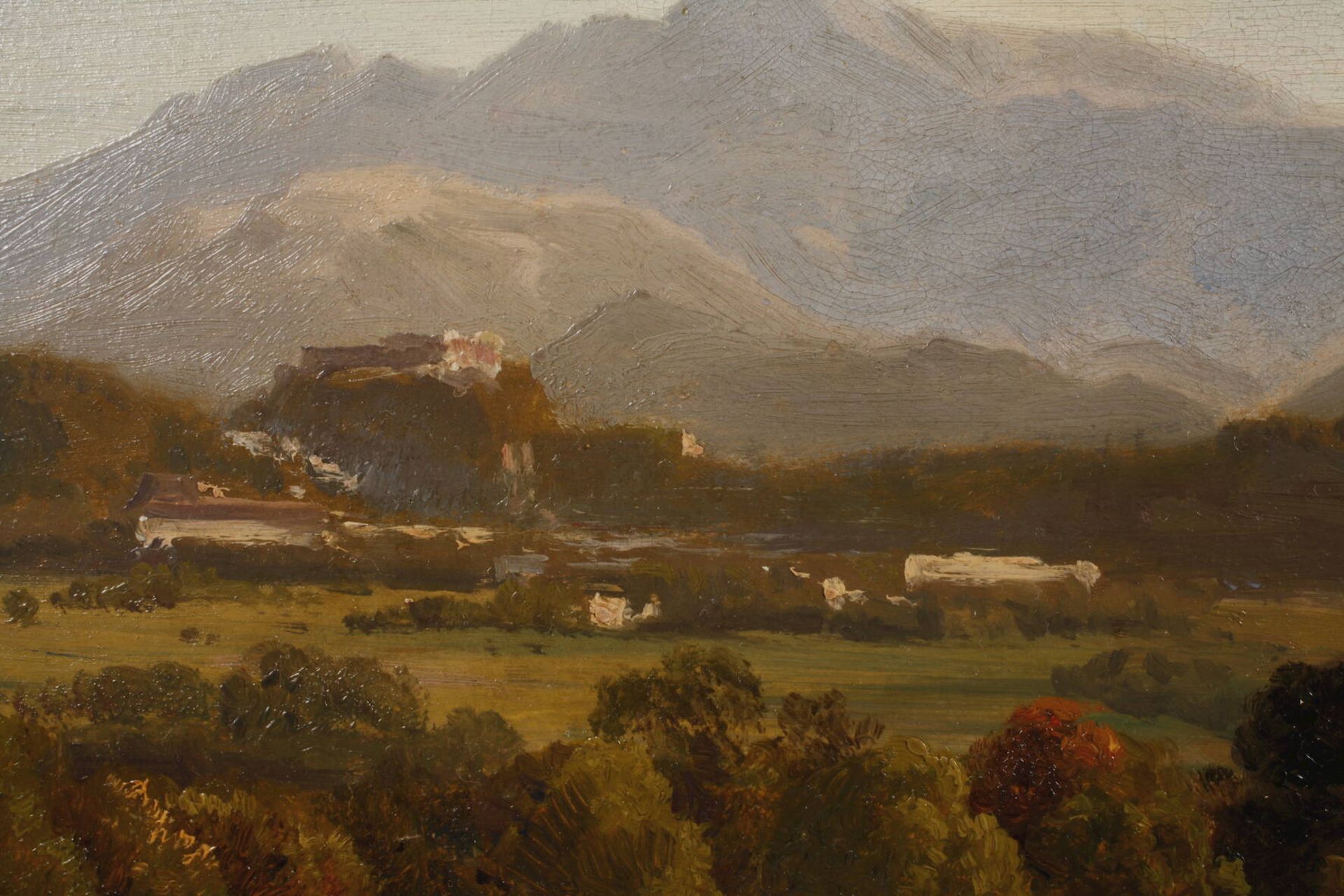 Wilhelm Klein attr., In den AlpenBlick in ein breites Tal mit kleiner Ortschaft, vor der Kulisse - Bild 3 aus 4