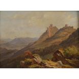 Friedrich Hohe, Blick auf Burg Trifelsweites Tal mit Burgruinen auf den Bergkuppen und Fuchs im