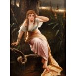 Allegorie der Nachtjunge Frau mit wallendem Gewand im Moor und dem Betrachter zufliegende Eule im