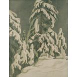 Gertrud Fredrich, Winterwaldtief verschneite Nadelbäume auf schneebedeckter Lichtung, fein
