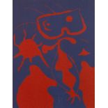 Joan Miró, "Femme"abstrahierte weibliche Gestalt mit Sonne, Linolschnitt in Blau auf rotem Papier,