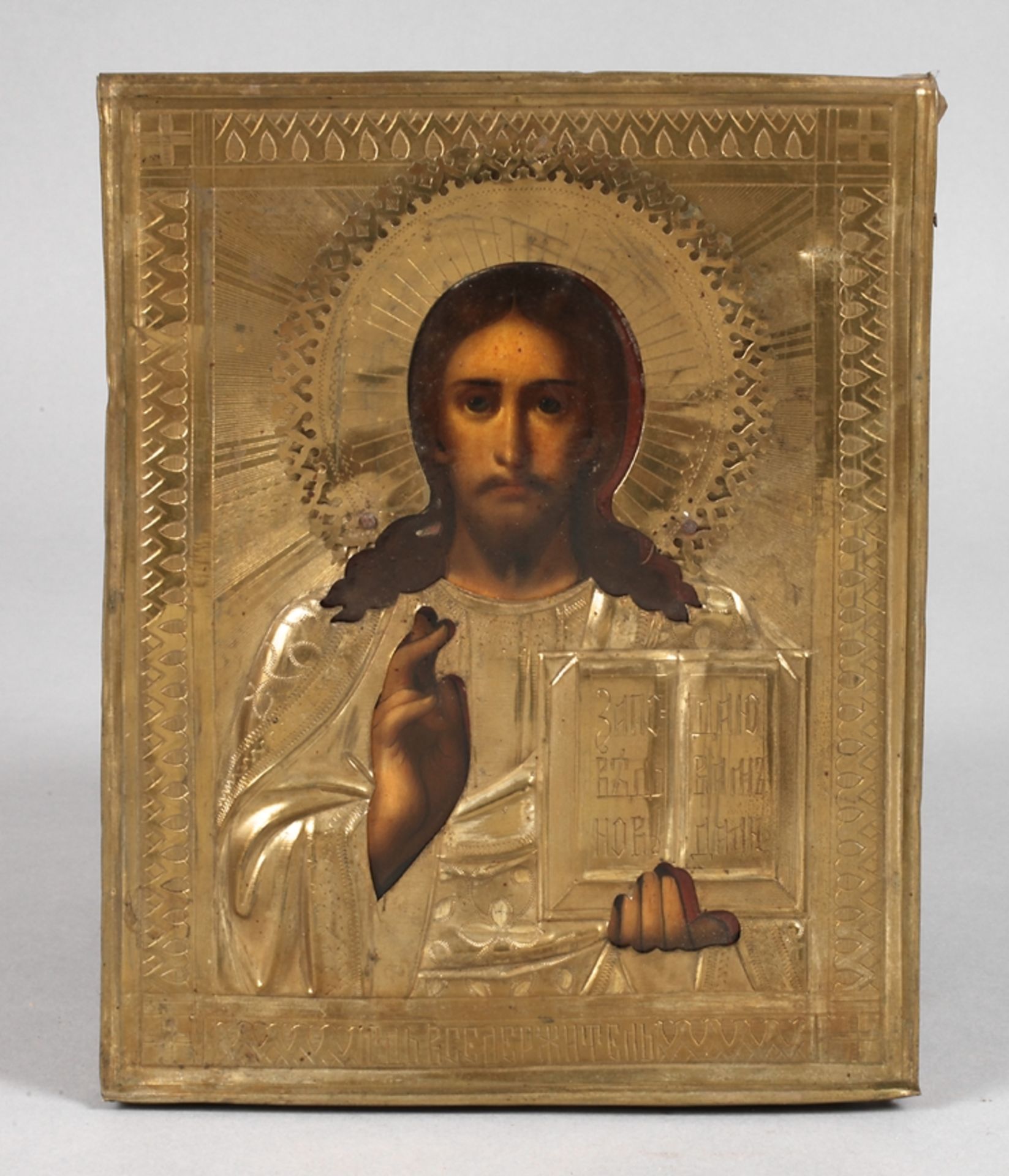 Ikone Christus Pantokrator19. Jh., kirchenslawisch bezeichnet, Tempera auf Nadelholzplatte,
