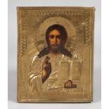 Ikone Christus Pantokrator19. Jh., kirchenslawisch bezeichnet, Tempera auf Nadelholzplatte,