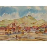 Ernst Holzhäuser, "In Mitrovica"sonniger Blick auf eine kleine Ortschaft vor Bergkulisse,
