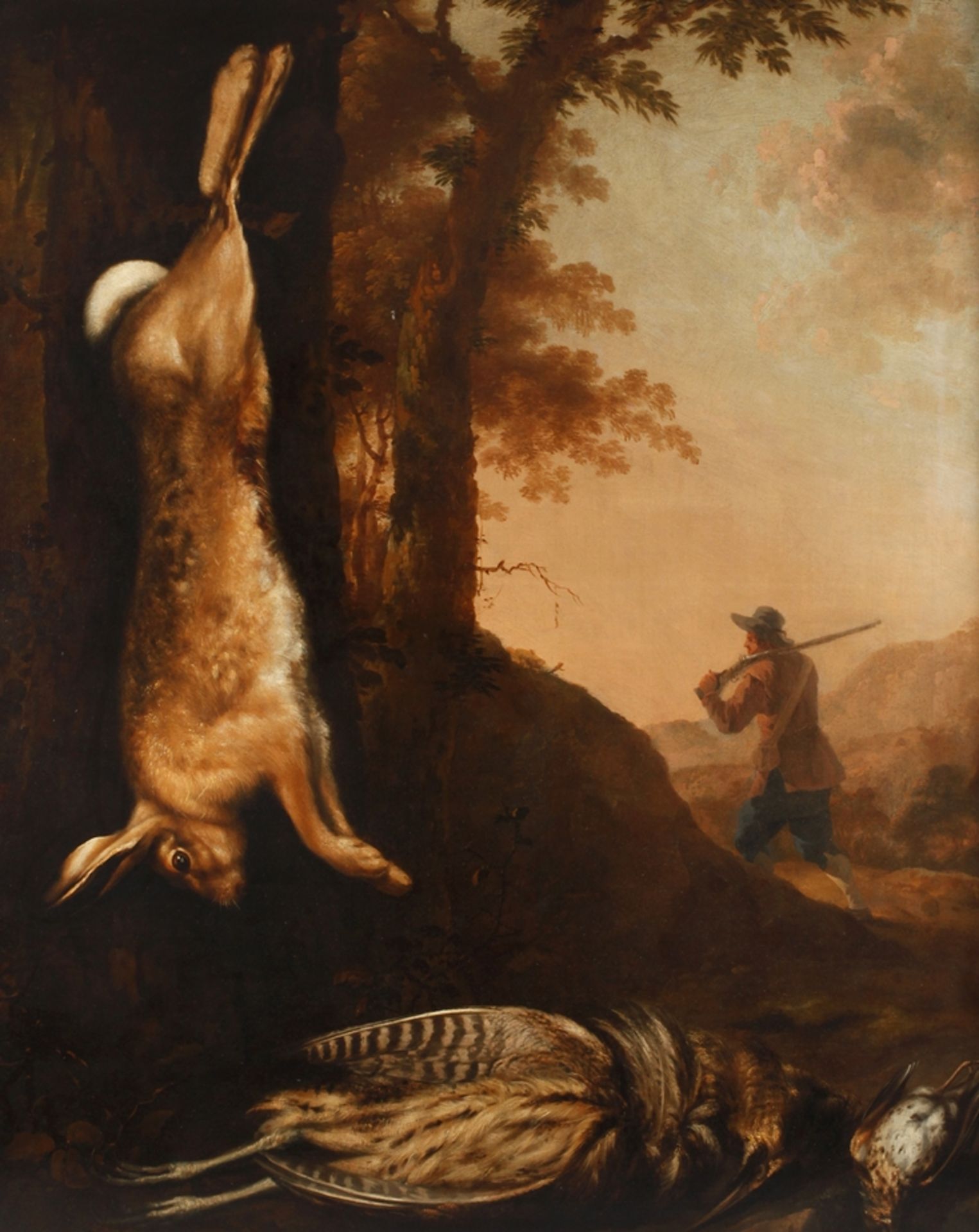 Barockes JagdstilllebenJagdstrecke aus erlegtem Hasen, Rohrdommel und Rebhuhn vor herbstlicher