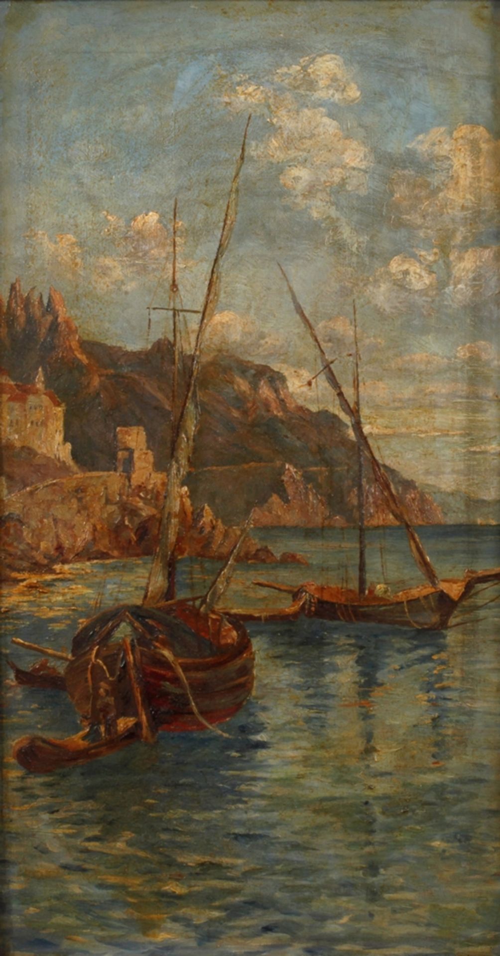 S. von Horstig d' Aubigny, Amalfiküsteankernde Boote vor felsiger Küste, pastose Malerei, Öl auf