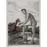 "Der Zeichner"stehender nackter Jüngling mit aufmerksamem Blick zum Betrachter, beim Zeichnen am