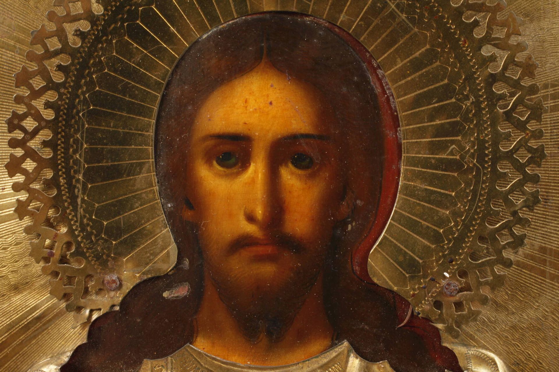 Ikone Christus Pantokrator19. Jh., kirchenslawisch bezeichnet, Tempera auf Nadelholzplatte, - Bild 2 aus 5