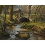Alfred Hirsch, Am Bachlaufüber einen kleinen Fluss führende Steinbogenbrücke, mit sich an Hühner