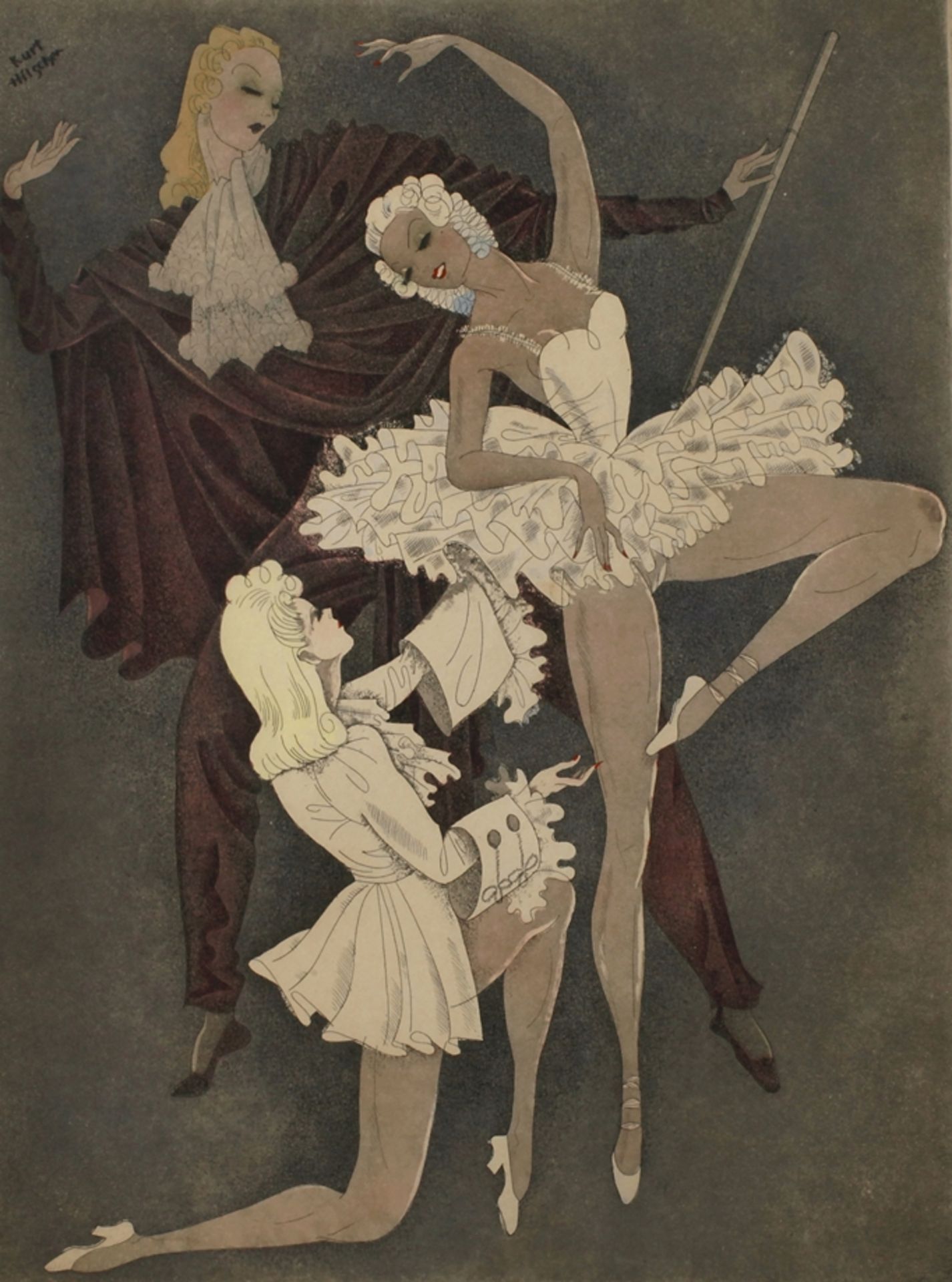 Kurt Hilscher, "Wiener Porzellan"Gruppe von drei posierenden jungen Damen, aquarellierte