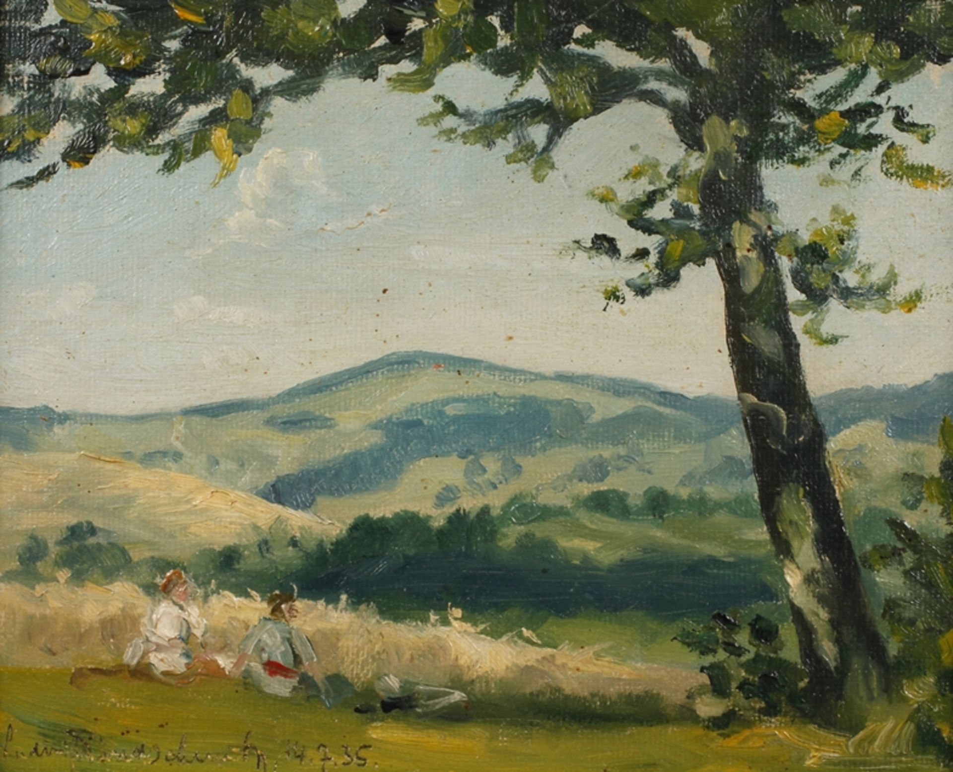 Ludwig Lindschmitz, Sommer am Vogelsbergsommerliche Mittelgebirgslandschaft mit zwei picknickenden