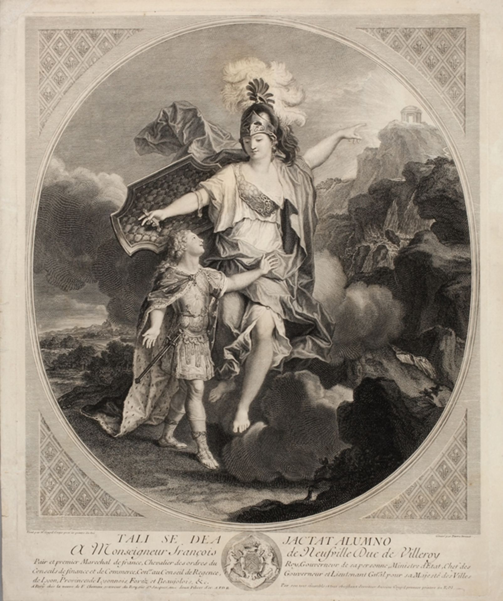 Pierre Drevet, Minervadie römische Göttin auf einem Tempel weisend, Blatt mit schöner Behandlung des