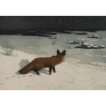 Hans Frey, "Mondnacht"Fuchs im Schnee auf einer Anhöhe, in weite voralpine Winterlandschaft auf