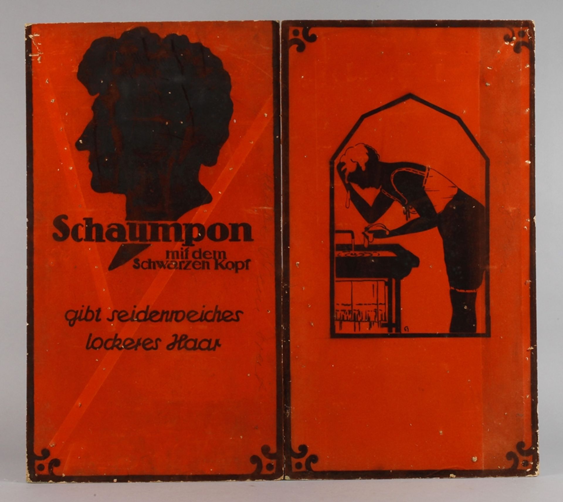 Zwei Pappaufsteller Werbung1930er Jahre, Pappe mit zweifarbigem Spritzdekor, bez. Schaumpon, teils
