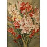 Adalbert Perrot, GladiolenStrauß roter, weißer, gelber und rosa Gladiolen, Aquarell über