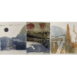 Frank Eißner, Drei Graphikenverschiedene abstrahierte Landschaften, Farbholzschnitte, teils mit