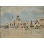 Fritz Busse, "Passau"Blick über die Donau auf St. Stephan, Mischtechnik, Mitte 20. Jh., unten