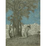 Walther Gasch, Akt in nächtlicher Landschaftnackte Frau neben einem Baum unter sternenklarem Himmel,