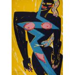 Elvira Bach, Frau mit Schlangestehende Frau vor gelbem Grund mit Schlange, Farbserigraphie, um 1980,