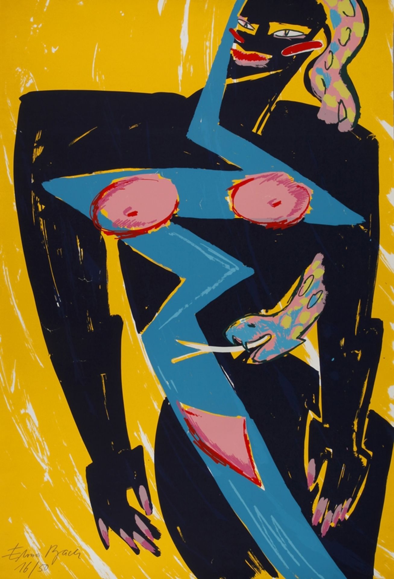 Elvira Bach, Frau mit Schlangestehende Frau vor gelbem Grund mit Schlange, Farbserigraphie, um 1980,