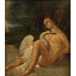 Leda mit dem Schwandie sitzende Leda am Waldrand mit dem Schwan, pastose Malerei, Öl auf Leinwand