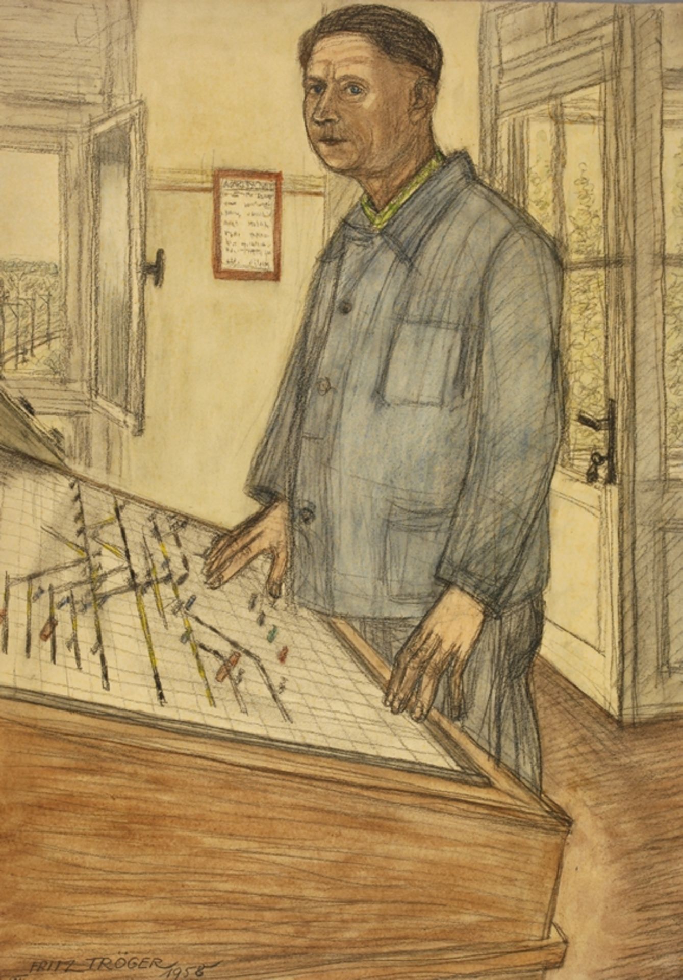 Fritz Tröger, Am Schaltpultälterer Mann in Arbeitskleidung, neben einem Schaltpult stehend, wohl
