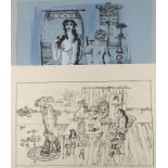 Bele Bachem, Paar Graphikentypische Motive der Künstlerin, eine aquarellierte Lithographie und