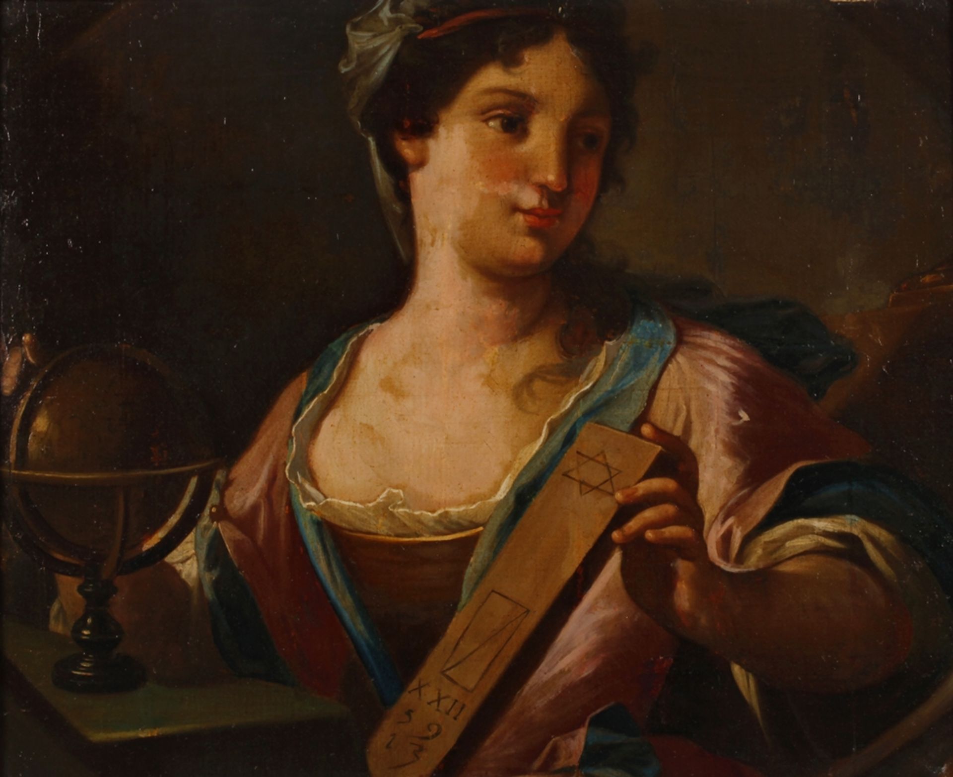 Junge Frau mit HimmelsglobusBrustbildnis einer freizügig in barocker Mode gekleideten Dame, in der