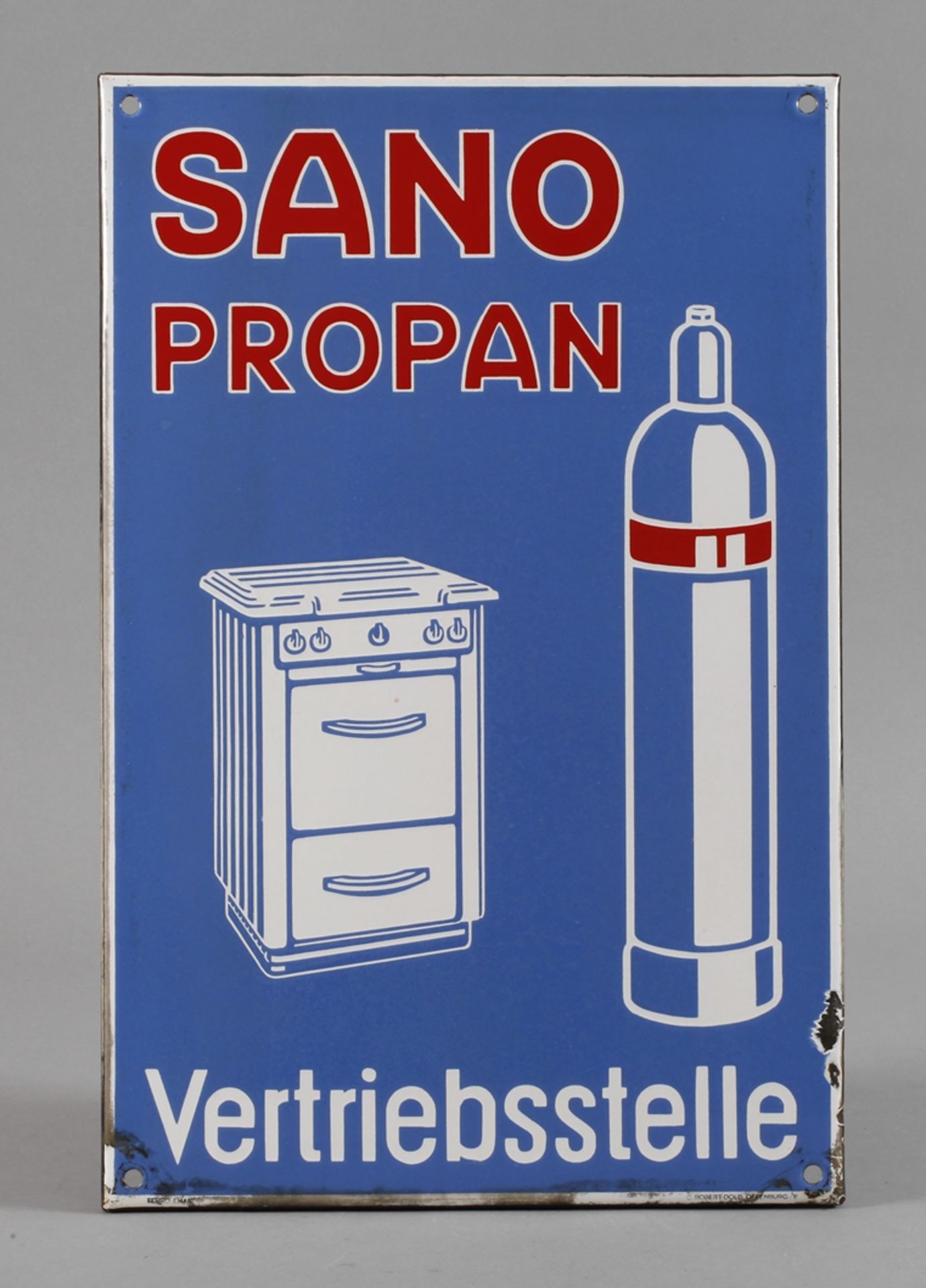 Blechschild Sano Propanum 1930, bez. Ferro Email, Herstellervermerk C. Robert Doll Offenburg,