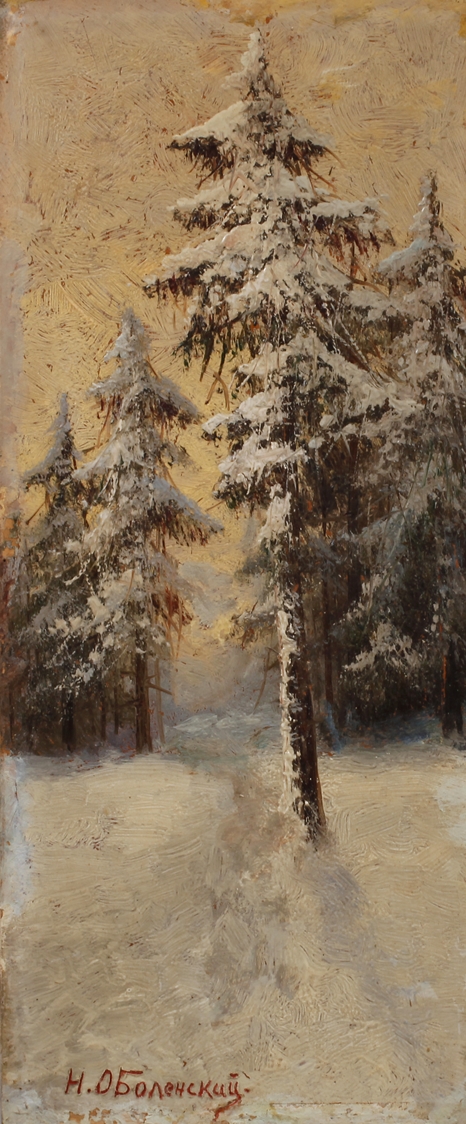 N. Obolenskyi, Winterliche Waldlandschaftum 1900, unten in Rot signiert, Öl auf Pappe, Blick in tief