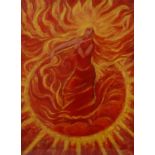 Walther Gasch, "Sommersonnenwende"in einem Sonnenkreis Geige spielende Frau mit flammendem Haar,