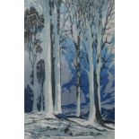 Oscar Droege, Im Winterwaldkahle, teils vom Schnee bedeckte Laubbäume, Farbholzschnitt, teils mit