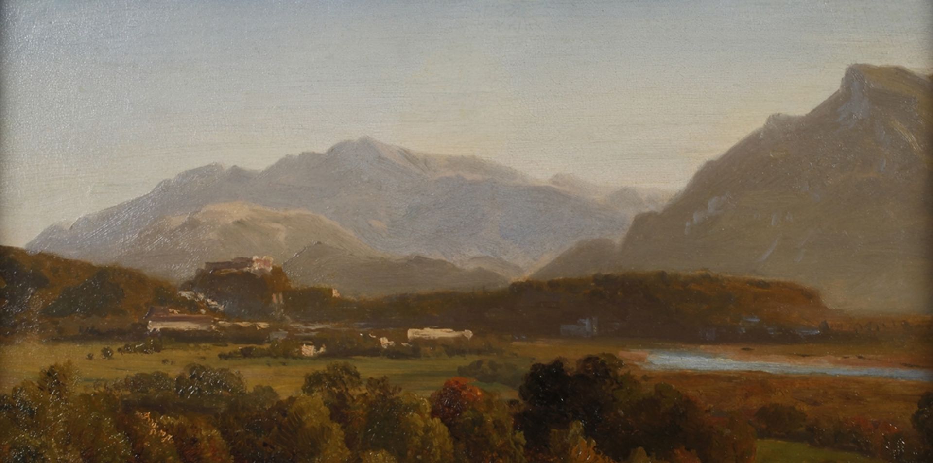 Wilhelm Klein attr., In den AlpenBlick in ein breites Tal mit kleiner Ortschaft, vor der Kulisse