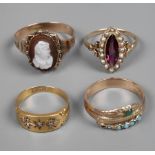 Vier historische RingeEnde 19. Jh., Gelbgold, zwei Ringe gestempelt 585, besetzt mit Diamanten,