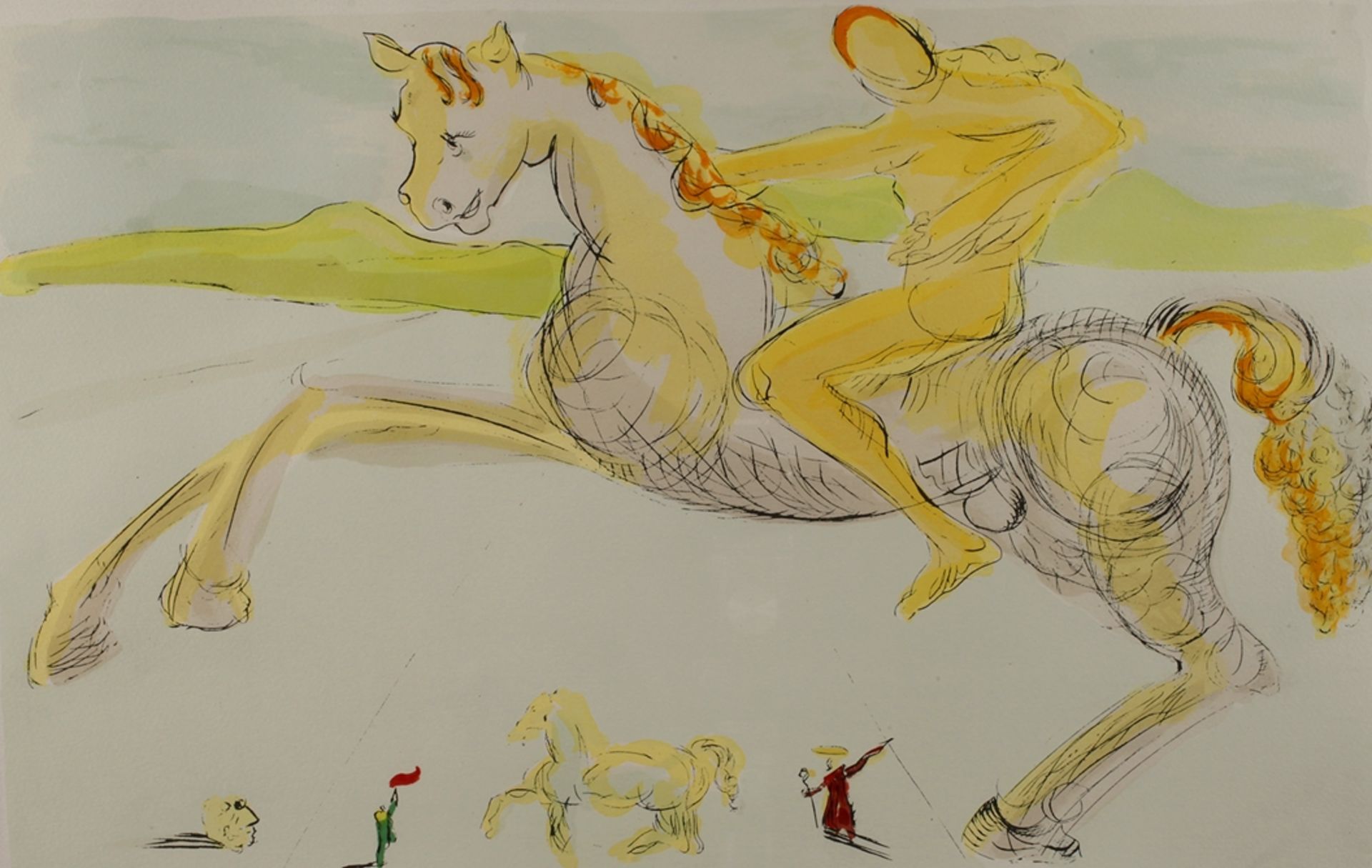 Salvador Dali, Der apokalyptische Reiterdurch eine weite Landschaft, mit Bergen am Horizont,