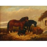 George Armfield, attr., Pferde mit Hundzwei Pferde und ein Hund vor der Futterraufe in bergiger