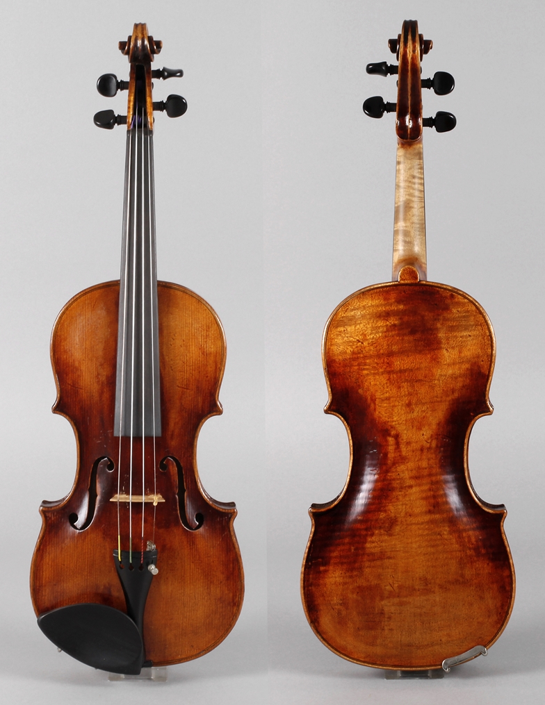Violine im Etuiauf Klebezettel bezeichnet Leopold Widhalm, Lauten- und Geigenmacher in Nürnberg