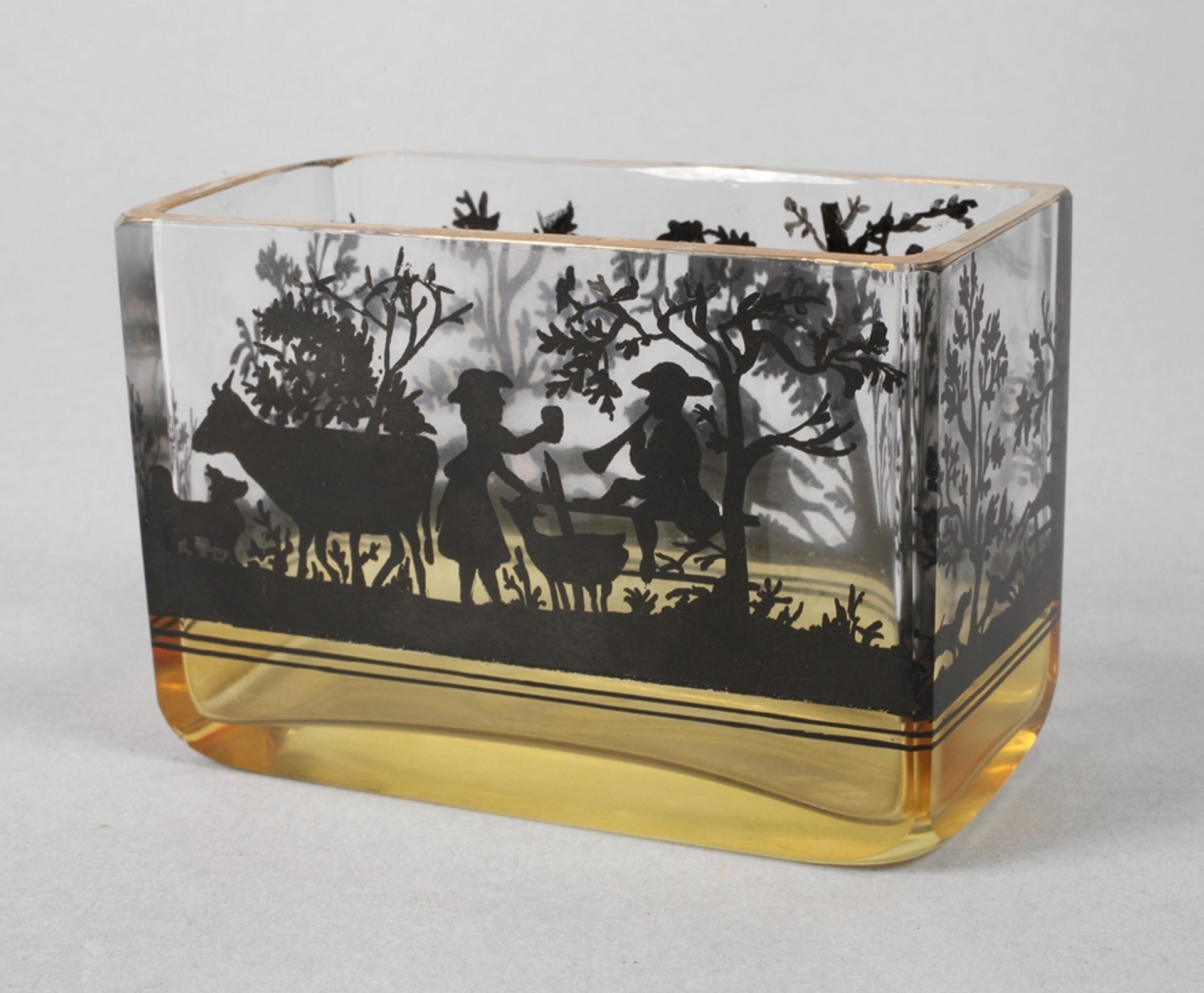 Glasfachschule Haida Vase Schwarzlotmalereium 1920, farbloses Glas, rechteckige Form,