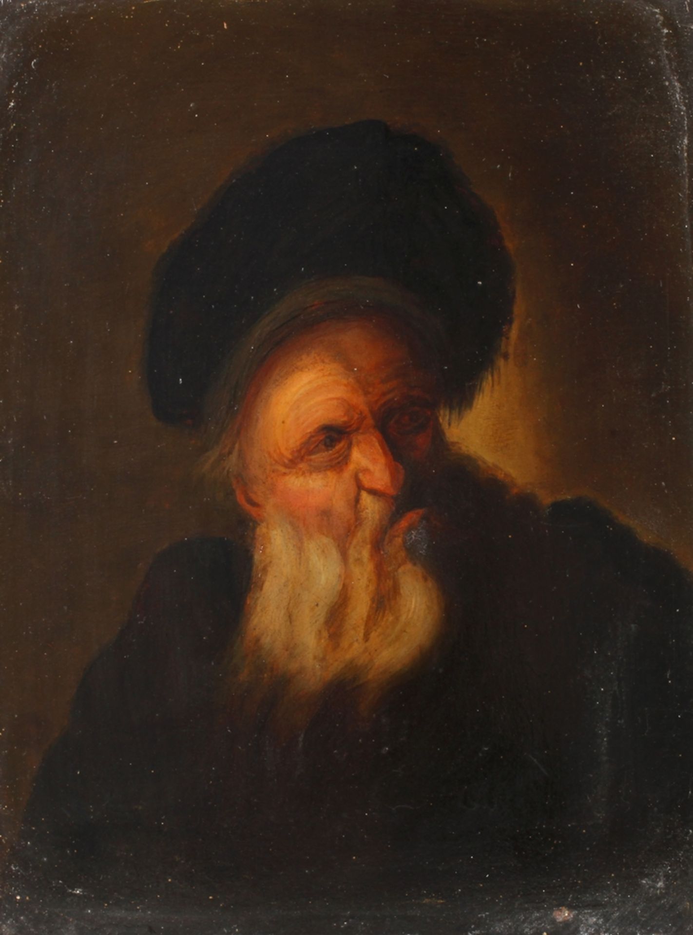 Portrait eines alten MannesBildnis eines älteren Mannes mit Bart und Mütze vor dunklem Grund,