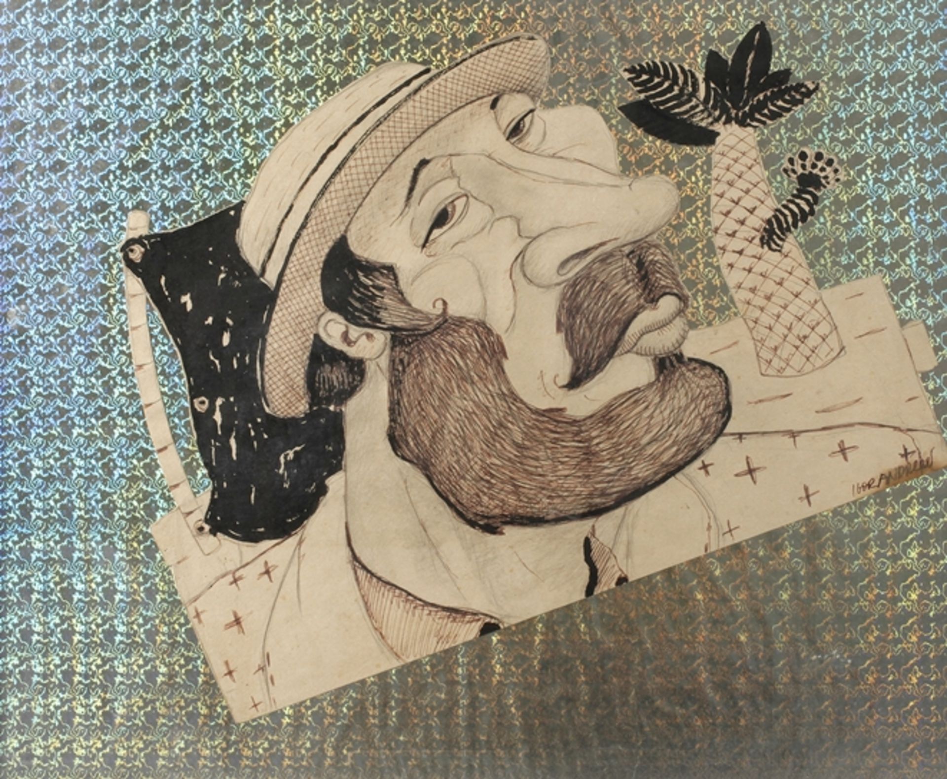Igor Andreev, HerrenportraitKopfbildnis eines bärtigen Herrn mit Hut, Mischtechnik (Tusche in