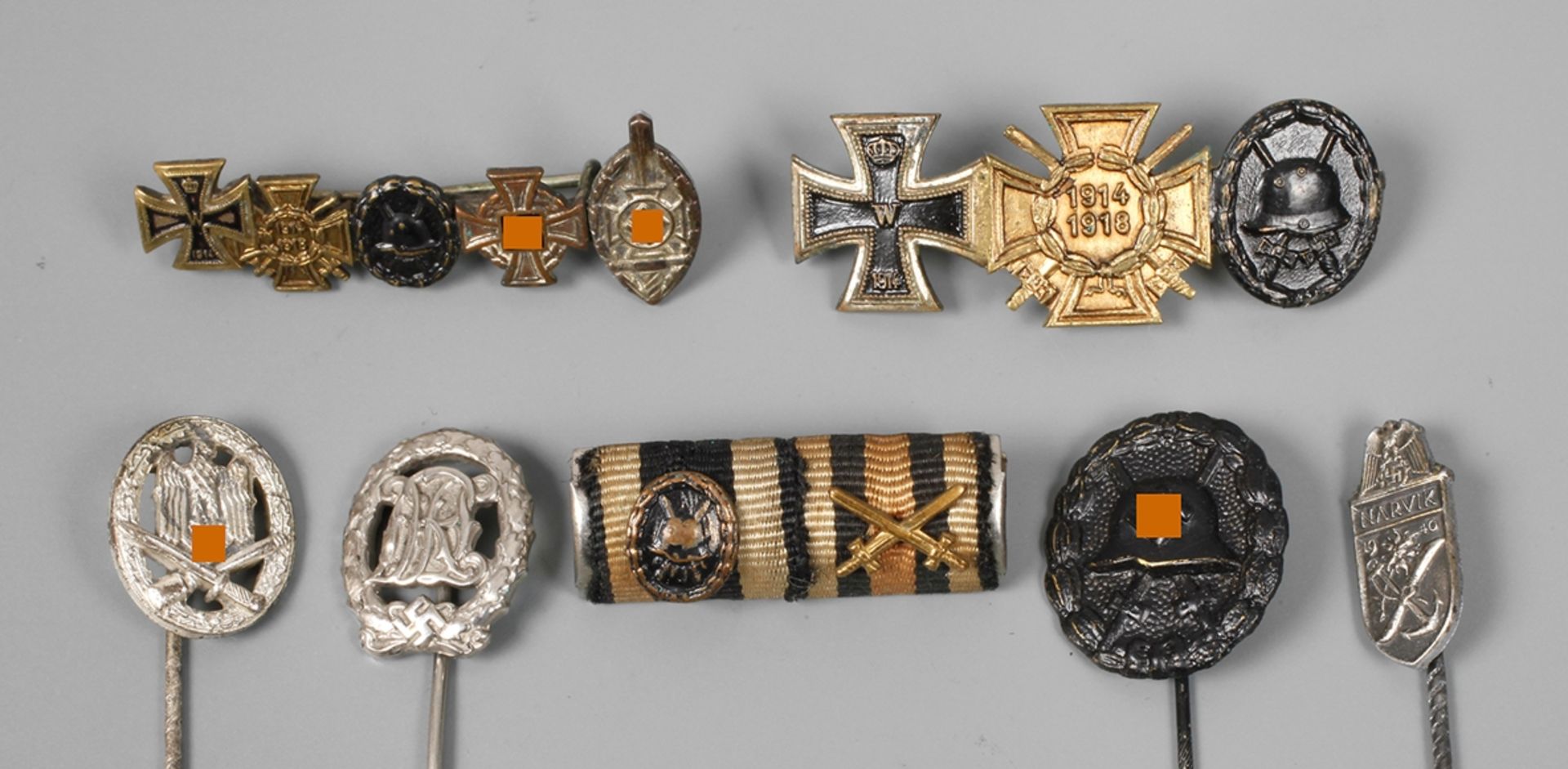 Konvolut Abzeichen-Miniaturen2. Weltkrieg, 7 Stück, dabei Narvik-Schild, Allgemeines Sturmabzeichen,