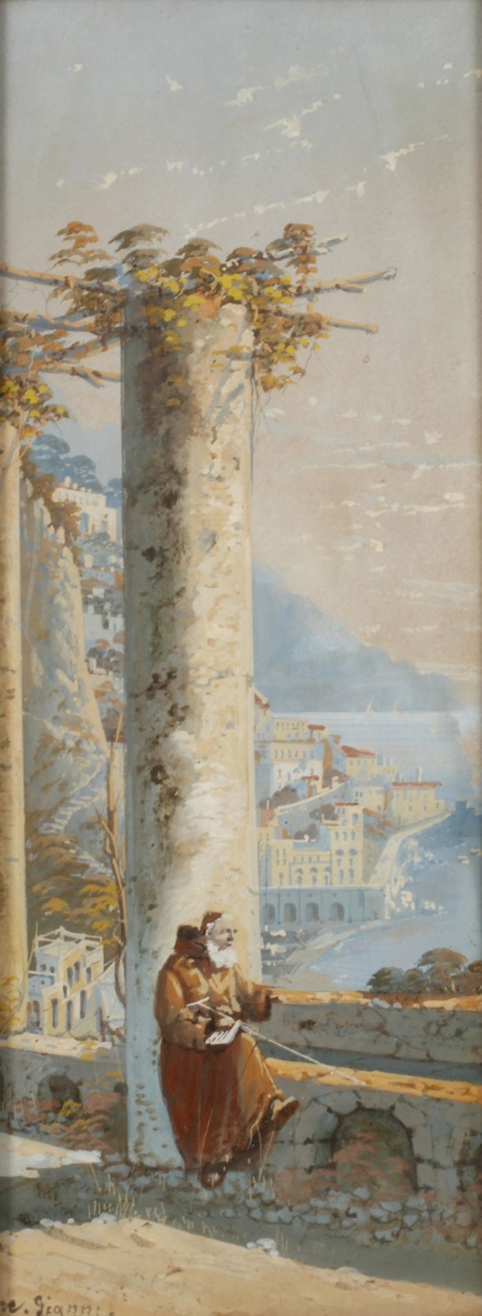 W. Gianni, „Amalfi“auf einer Mauer sitzender Mönch vor mediterraner Küstenlandschaft, Deckfarben auf