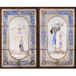 Paar Bleiglasfensterwohl Ende 19. Jh., emaillierte Darstellung eines Ritters und eines Königs mit